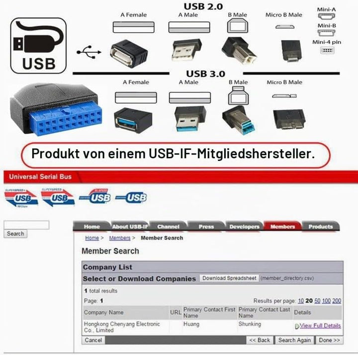 CY Karte Single 19/20Pin Header auf USB 3.0 20Pin &amp; Type-E Dual Ports Buchse PCBA Typ Adapter Splitt