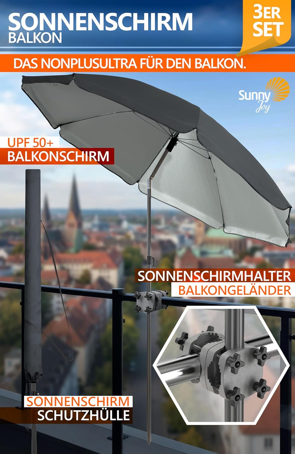 4smile Sonnenschirm Balkon SunnyJoy, 3-in-1 SET, Anthrazit - UPF 50+ Sonnenschirm Ø 200 cm + SunnyGu