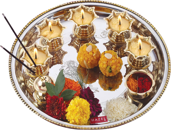 HAZEL Edelstahl Puja Pooja Aarti Thali Set 28 cm mit 5 Diva, 1 Räucherstäbchenhalter und Kumkum Wati