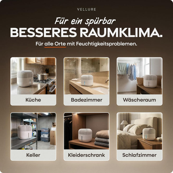 Vellure® Design Luftentfeuchter ohne Strom + 2x 600g Nachfüllpacks - Raumentfeuchter für Bad, Keller