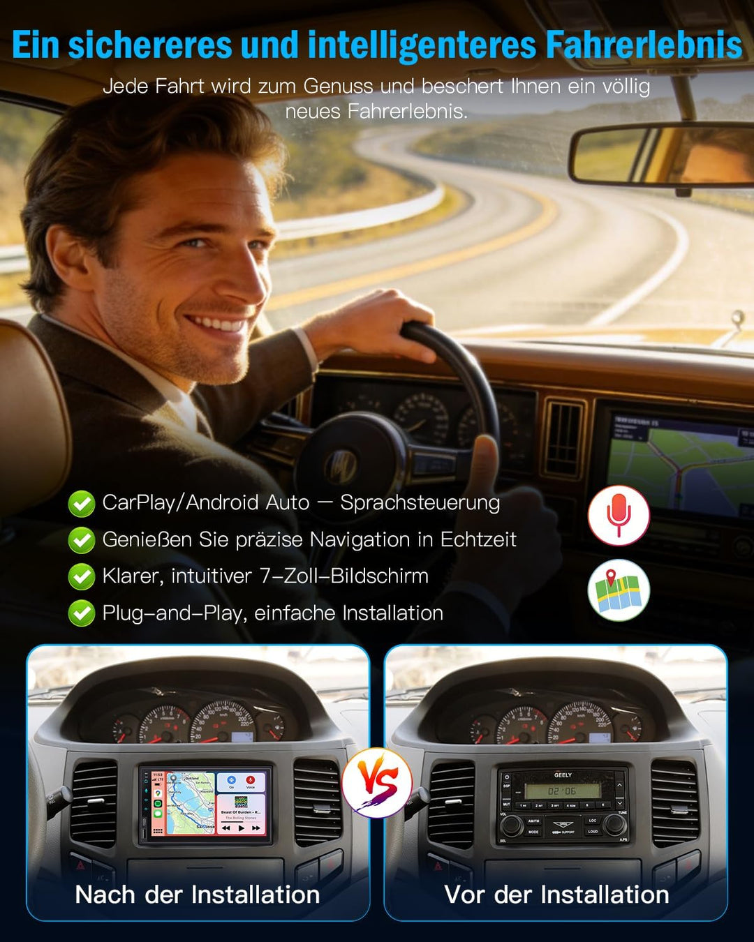 Doppel Din Radio Apple Carplay 7 Zoll 2Din Android Auto Autoradio mit HD IPS Bildschirm, Doppeldin C