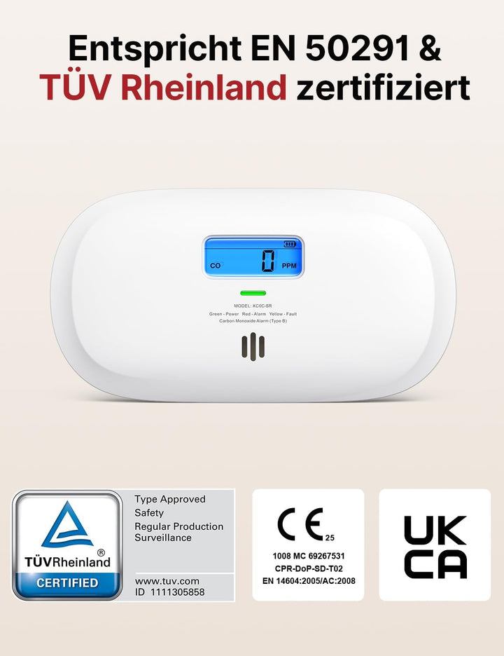 X-Sense Kohlenmonoxid Melder, 10 Jahre Sensor, CO Melder mit austauschbarer Batterie und digitalem D