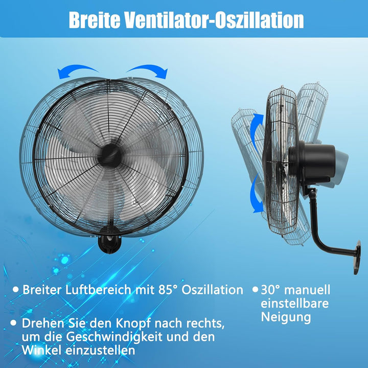GOPLUS Wandventilator, 51cm oszillierender Ventilator, 3 Geschwindigkeiten (Schwarz), Schwarz
