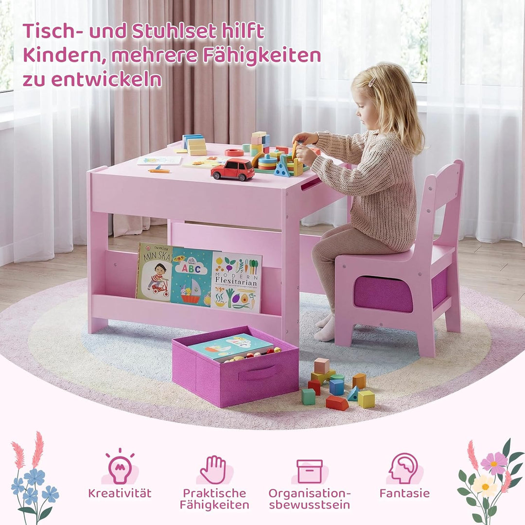 MAMIZO Kindertisch mit 2 Stühlen, 3 in 1 Kinder Tisch Stuhl Set, Kindermöbel Set aus Holz mit Staura
