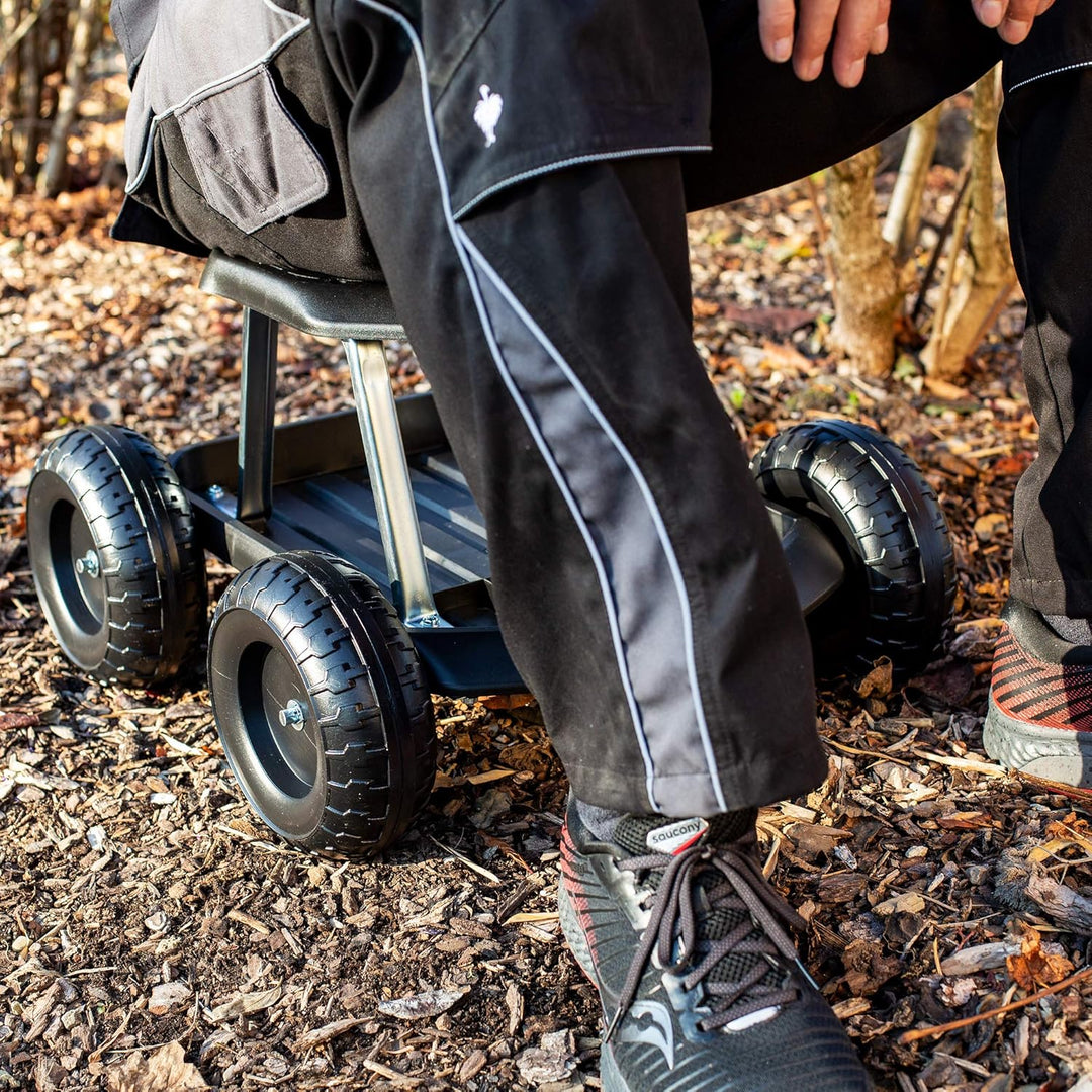 UPP fahrbarer Gartenwagenrollsitz bis 130 kg mit Ablage | Knie- und rückenschonende Sitzgelegenheit