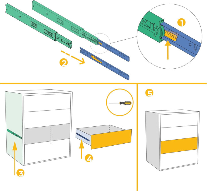 Emuca 3051005 Set Schubladenführungen, Vollauszug mit Rollen gedämpftes Scharnier 45mm x 300mm, Lot