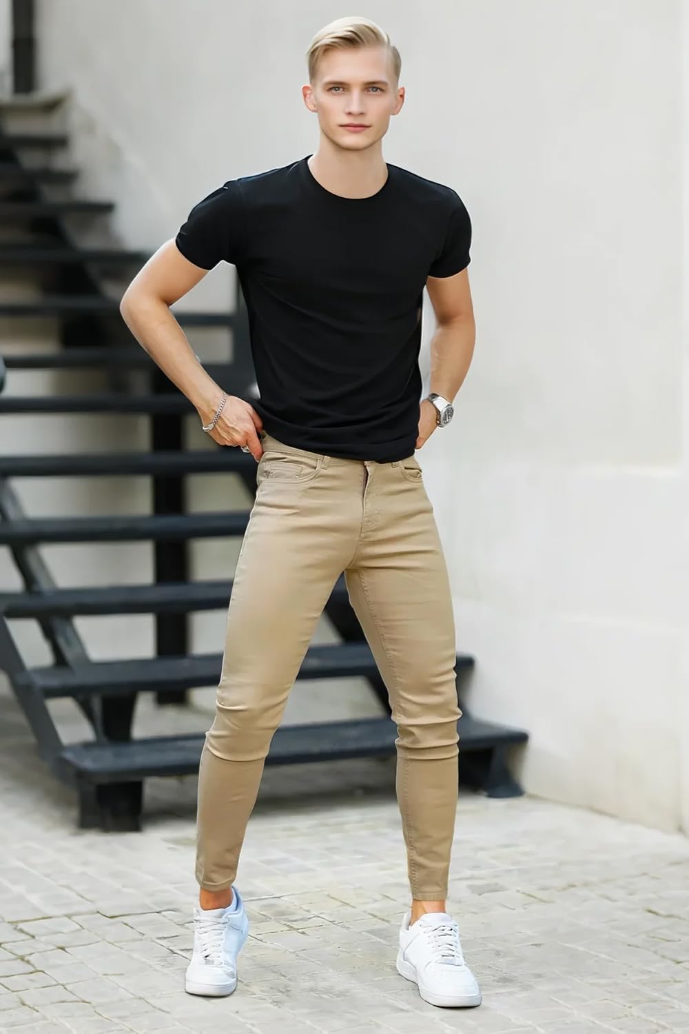 Skinny Jeans Herren Slim Fit Super Stretch Denim Hose Tapered 4 Seasons Herrenjeans, 28W / 30L Khaki