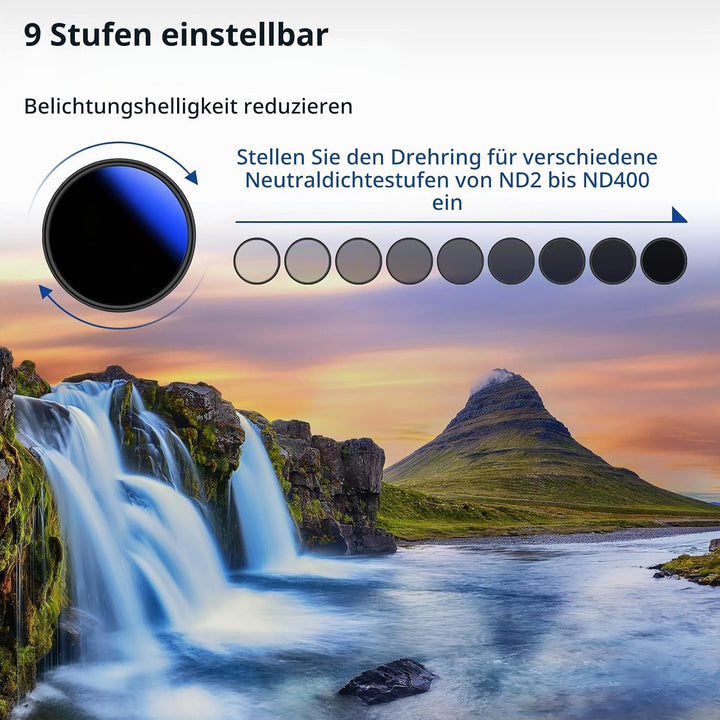 NEEWER 67mm Variabler ND Filter ND2-ND400 (1-9 Stops), Graufilter, Neutraldichtefilter, mehrere Besc