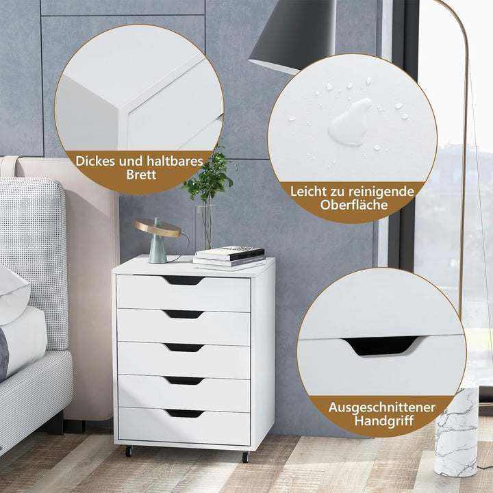 FANTASK Schubladenschrank mit Rädern, Rollcontainer, mobiler Schrank mit 5 Schubladen für Zuhause, W