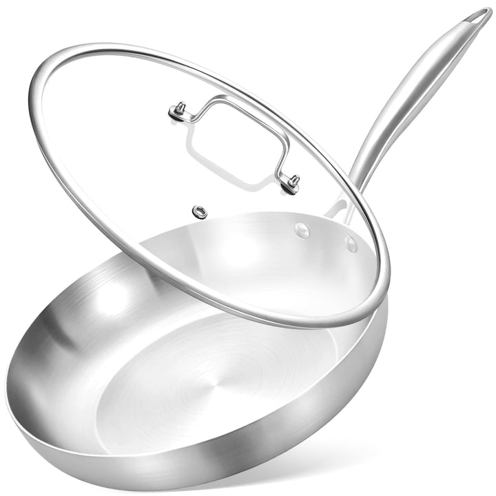 Inqibee Edelstahlpfanne Bratpfanne Unbeschichtet 26 cm mit Deckel - Pfanne Edelstahl, Stainless Stee