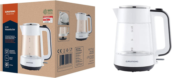 Grundig WK 5860 Wasserkocher, Glas, 2400W, 1,7 l, 2400, Aluminium, 1 Liter, Weiss/Schwarz