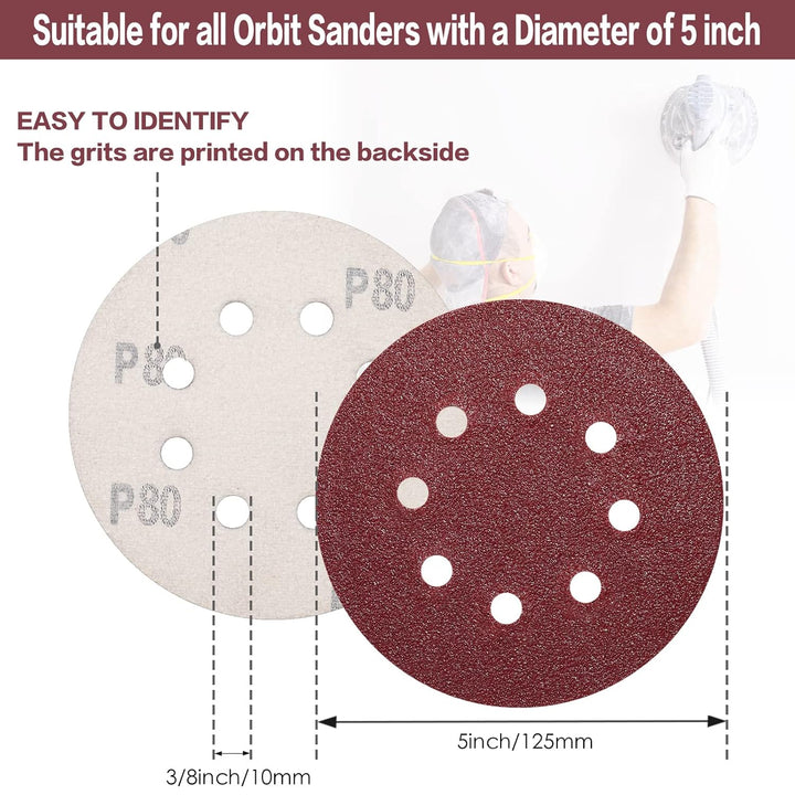 STEBRUAM 100 Stück Schleifpapier 125mm Klett 80 körnung,Profi 125 Schleifscheiben Rund 8 Loch für Ex
