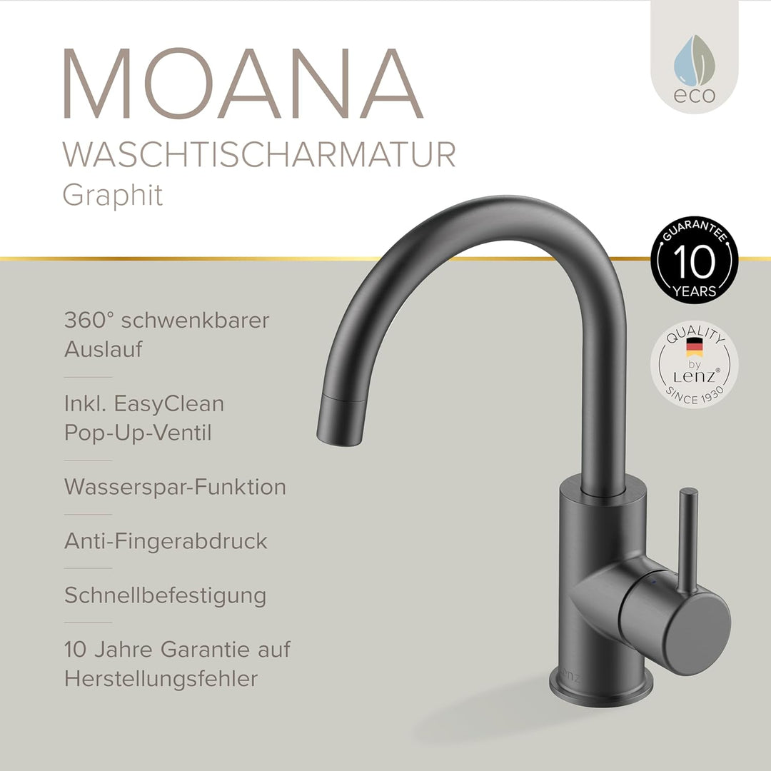 Lenz Waschtischarmatur MOANA in Graphit – wassersparend dank hochwertiger Markenmischdüse – Anti-Fin