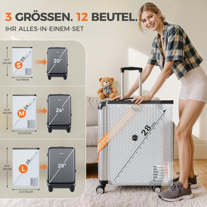 Innsky 12er Set Vakuumbeutel Kleidung mit kabelloser USB-C Vakuumpumpe – 3 Grössen (40x50/47x60/54x7