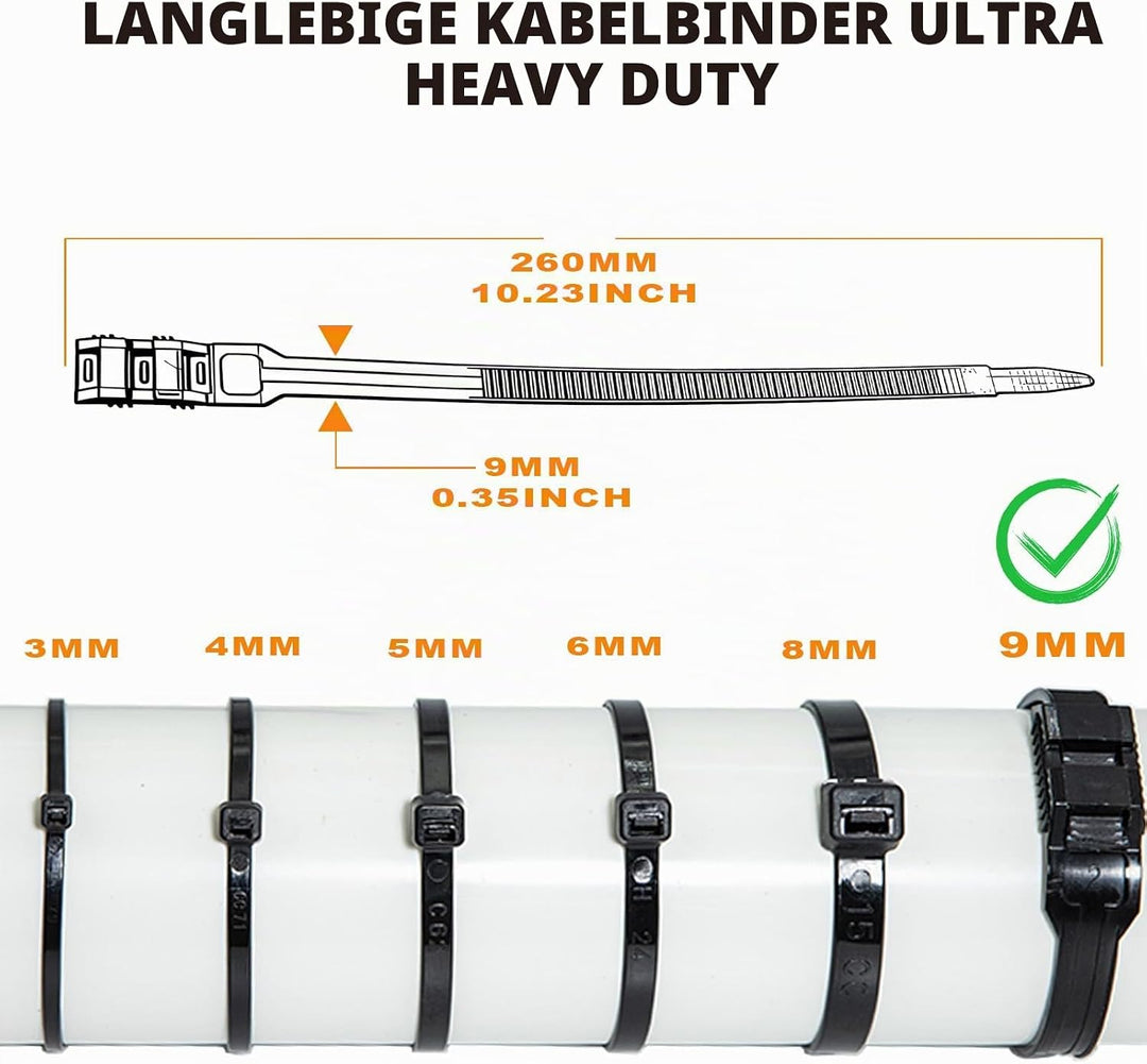 9 * 260mm Doppelsperre Kabelbinder Lang Set Schwarz Nylon UV Beständig Grosser Kabelbinder für Kabel