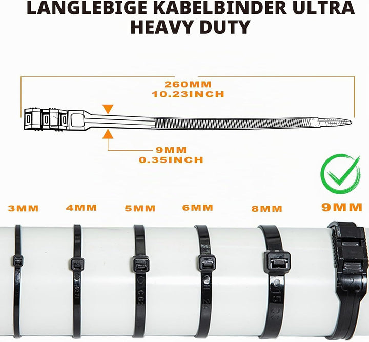 9 * 260mm Doppelsperre Kabelbinder Lang Set Schwarz Nylon UV Beständig Grosser Kabelbinder für Kabel