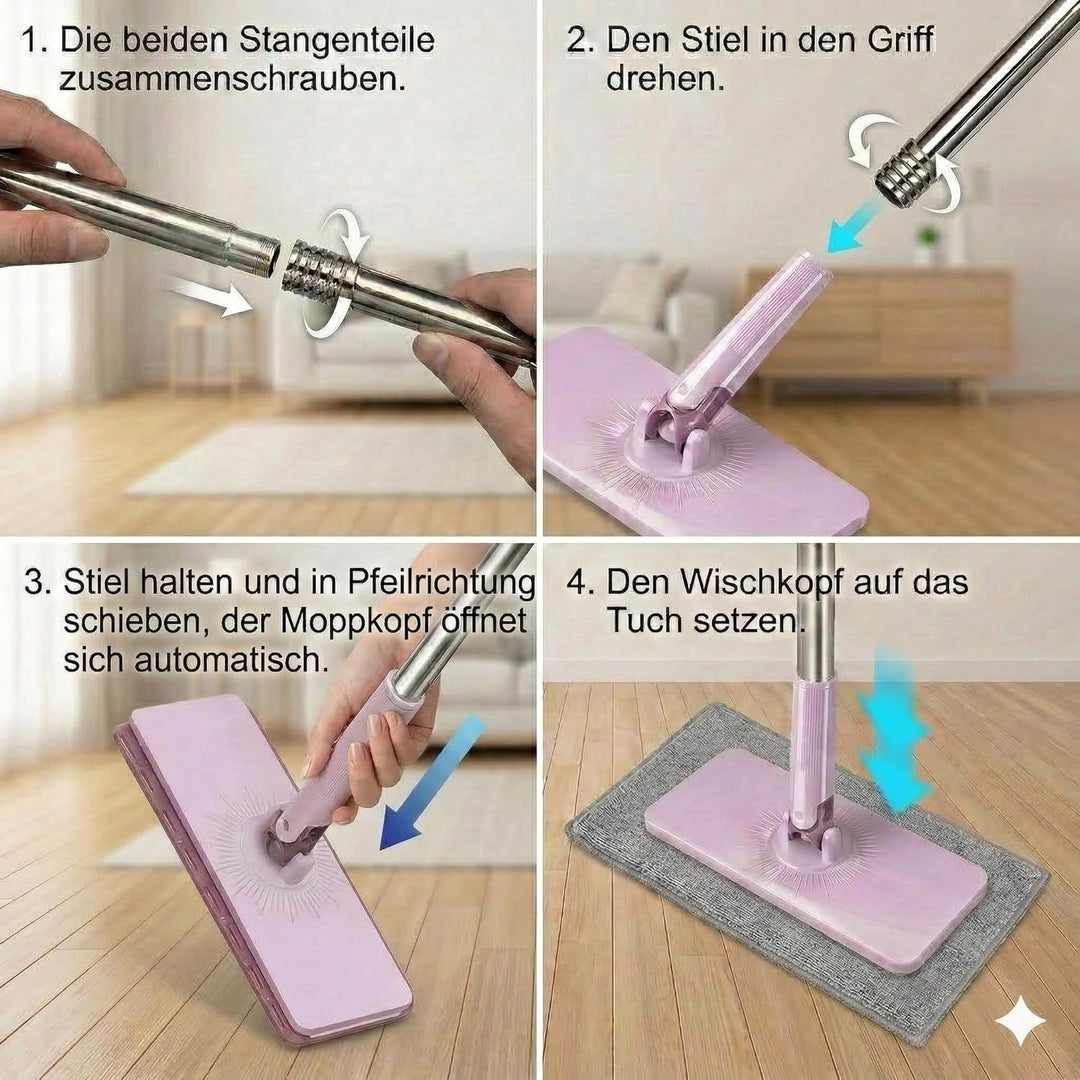 Wischmopp mit Klemm-System, 120cm Mopp mit Breitem Wischkopf (25cm), Wischer Mop ohne Händewaschen,