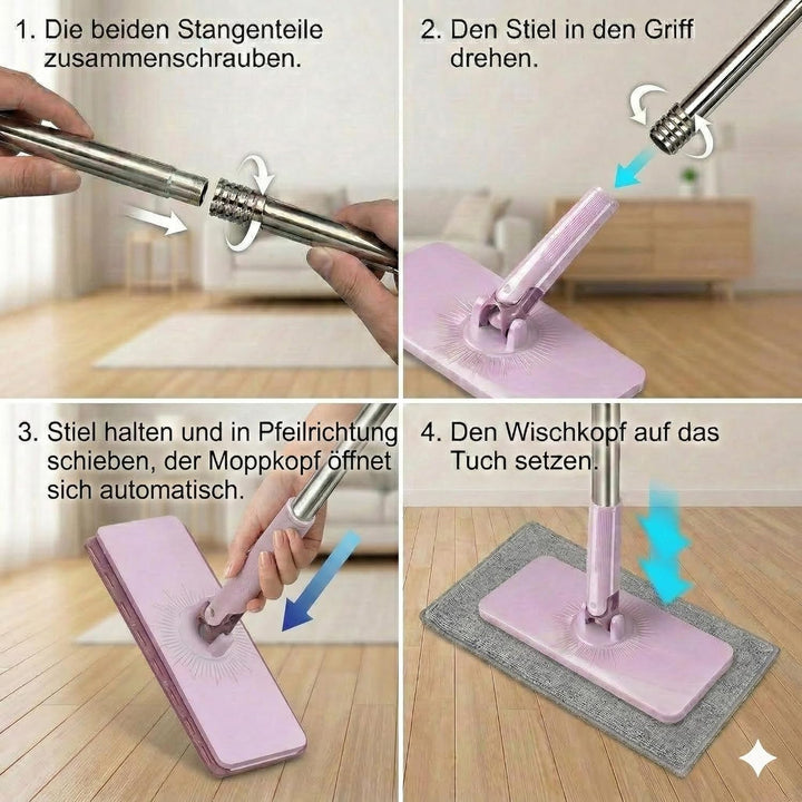 Wischmopp mit Klemm-System, 120cm Mopp mit Breitem Wischkopf (25cm), Wischer Mop ohne Händewaschen,