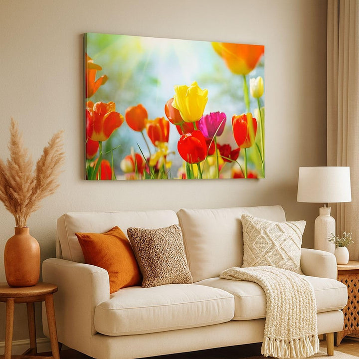 Bilder auf Leinwand 100x70cm Leinwandbild Tulpe Blume Plantage Wiese Gross Wanddeko Bild Schlafzimme