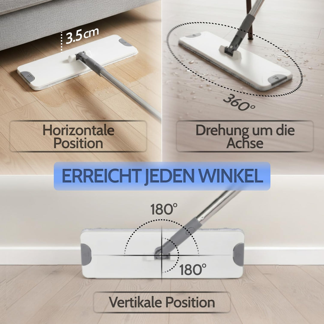Allyson® Wischmopp Set mit Eimer, 3 Kammer System, inkl. 15 Mopptücher | Integrierter Haarentferner,