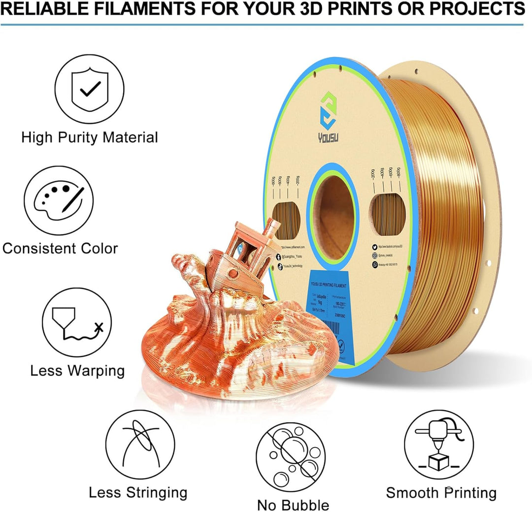YOUSU Dreifarbiges PLA Filament,3D Drucker Filament 1,75mm(﹢/-0,03mm), Seiden Gold/Silber/Kupfer Dre