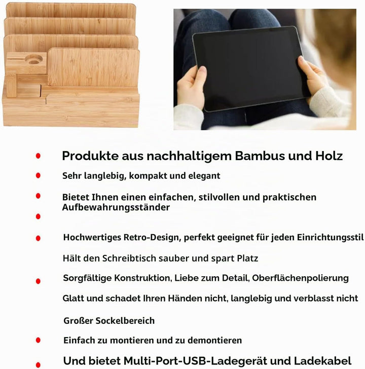 Bambus-Ladestation mehrere Geräte, USB-Ladedose,Mehrere Geräte Abnehmbar Multifunktionelle Ladestati