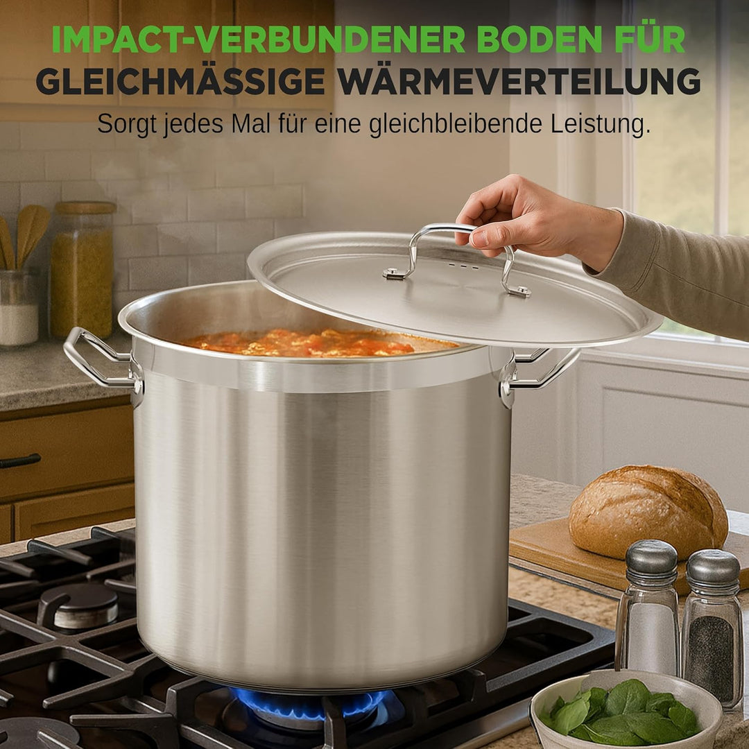 NutriChef Edelstahl Kochtopf 33,1L Induktion – Suppentopf mit Deckel, Profiqualität für Gastronomie