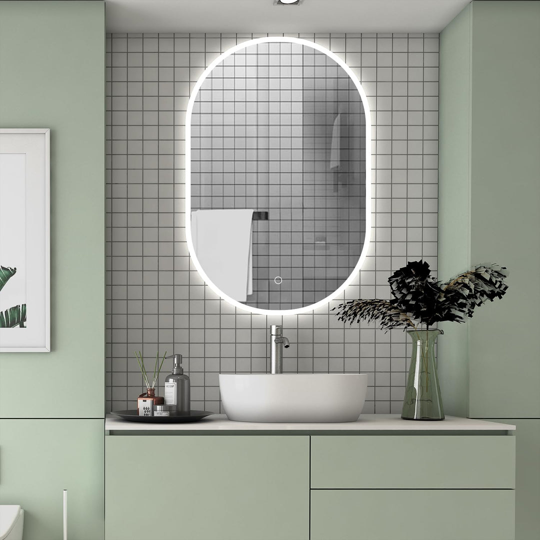 Badspiegel 90×50cm Rundbahn 3 Lichfarbe dimmbar Memory Wand/Touchschalter Anti-Beschlag Badezimmersp