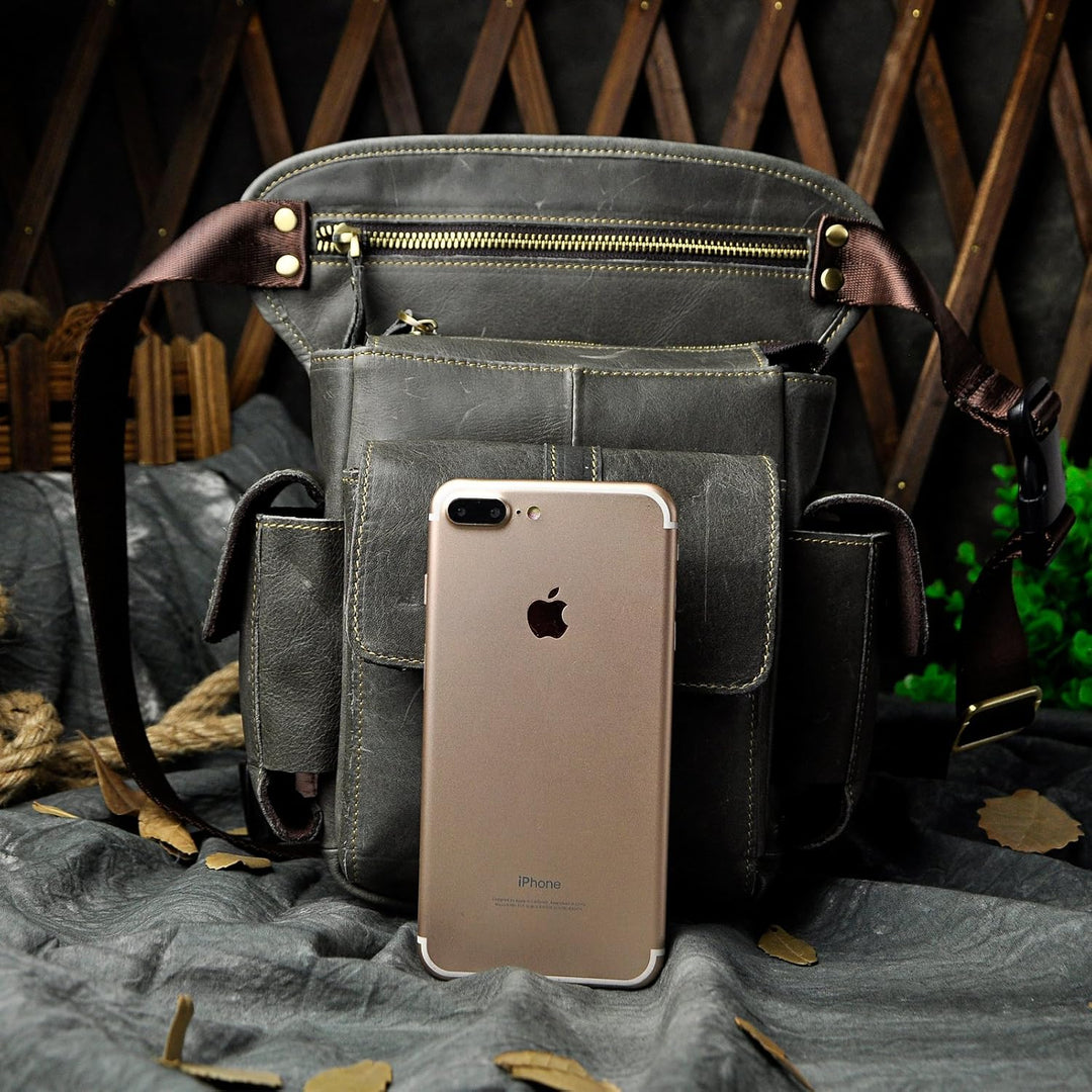 Le'aokuu Herren Echtes Leder Hüfttasche Gürteltasche Bauchtasche Reissverschluss Motorrad Messenger