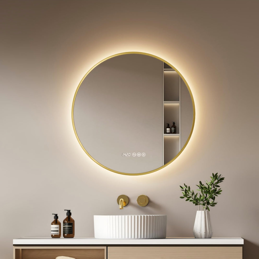 EMKE LED Badspiegel Rund Spiegel mit Beleuchtung ф70cm Gebürstetem Goldrahmen LED Badezimmerspiegel