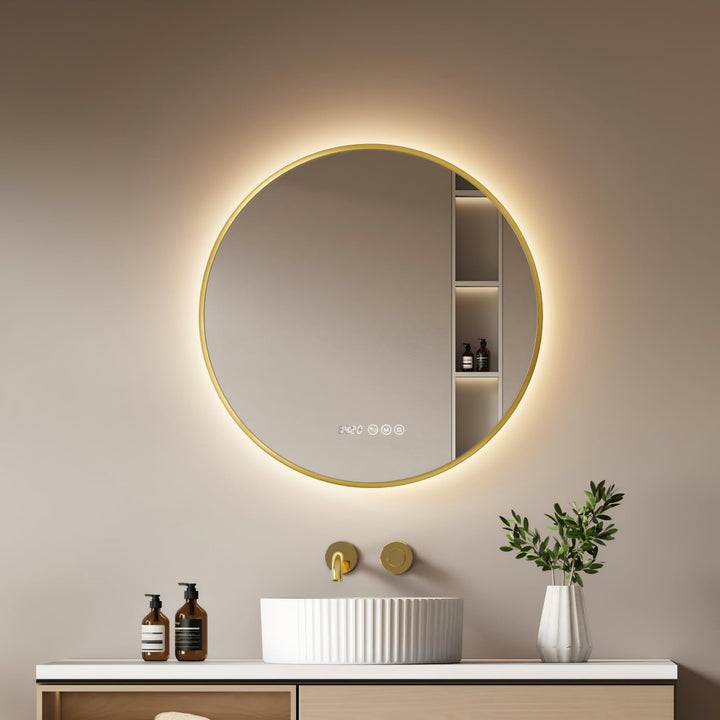 EMKE LED Badspiegel Rund Spiegel mit Beleuchtung ф70cm Gebürstetem Goldrahmen LED Badezimmerspiegel