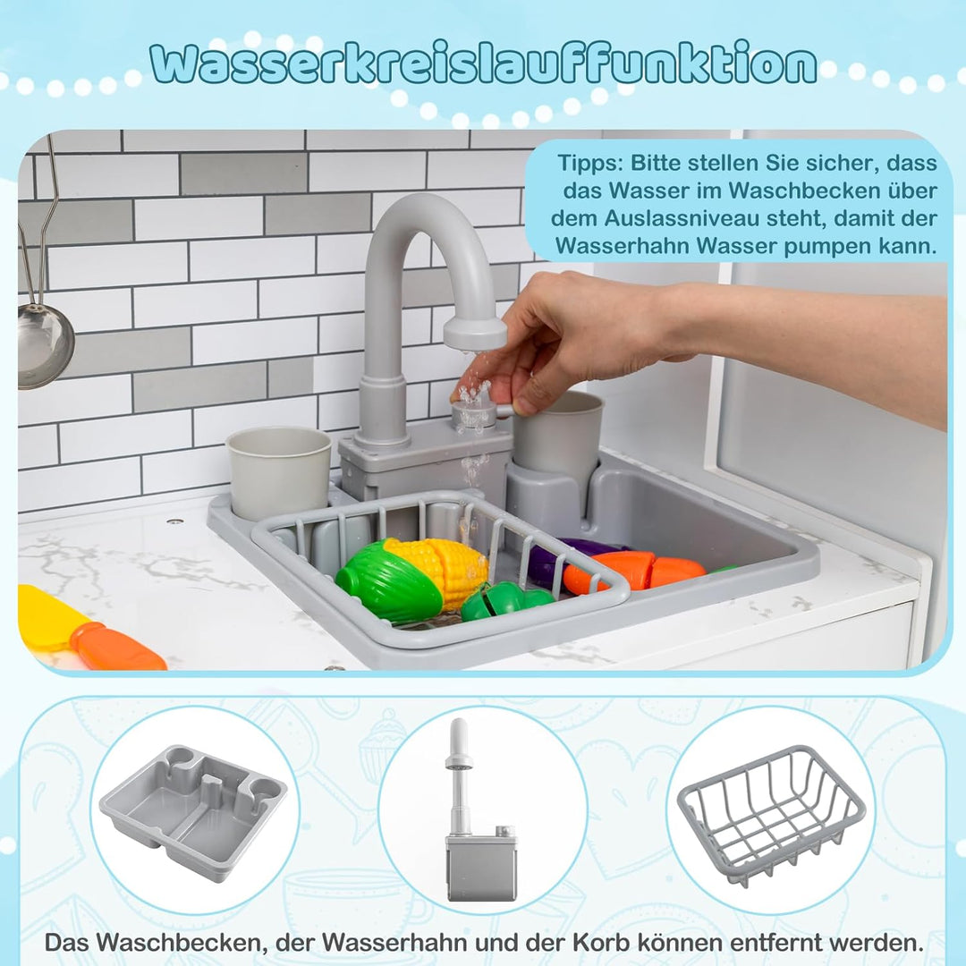 COSTWAY Kinderküche inkl. 22 Zubehörteilen, modulare Spielküche mit Kühlschrank & 2 Stoffkörben, Hol