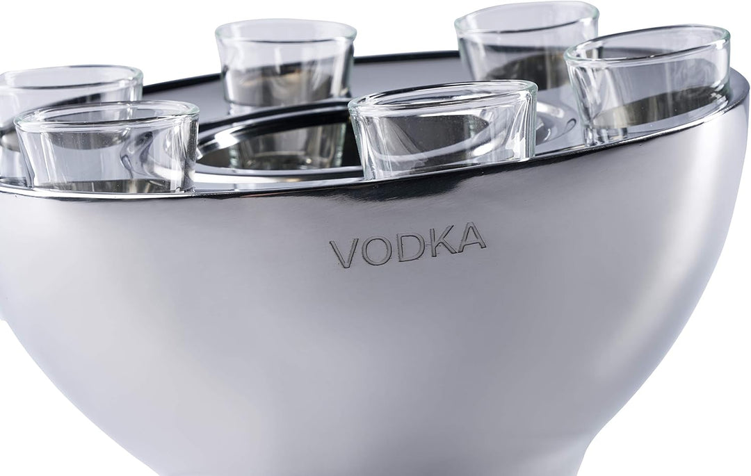 Wodkakühler Wodka Spirituosen Kühler "VODKA" Edelstahl + 6 Shotgläsern Silber, Flaschenkühler Geträn