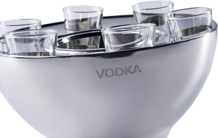 Wodkakühler Wodka Spirituosen Kühler "VODKA" Edelstahl + 6 Shotgläsern Silber, Flaschenkühler Geträn