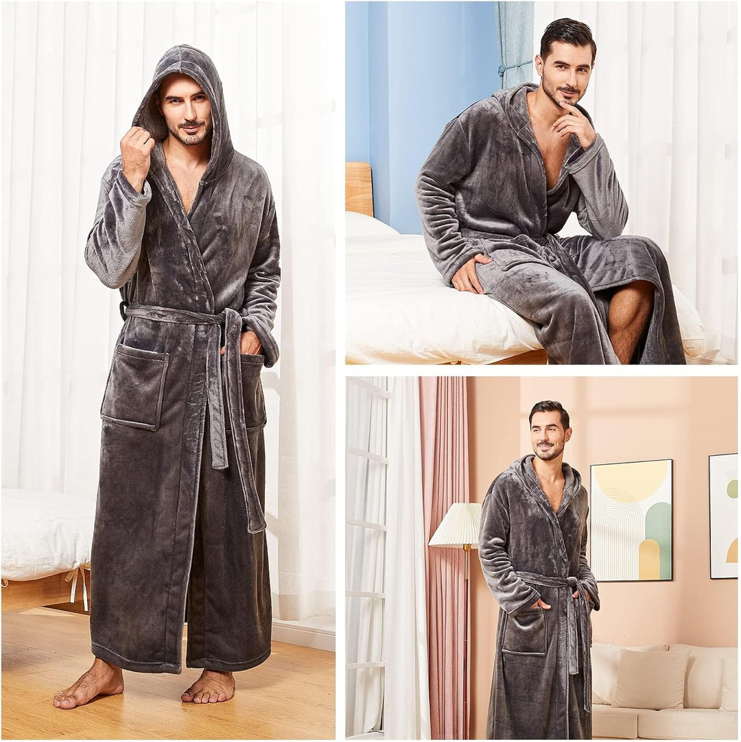 FashGudim Herren Kapuzenplüschbademantel in voller Länge. Flauschiger Bademantel für grosse und kräf
