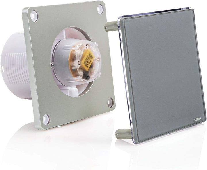STERR Grauer Badlüfter 100 mm mit LED - Badezimmerventilator - Glasfront - Modernes Aussehen - BFS10