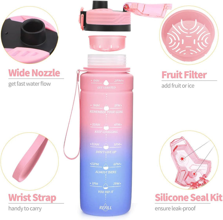 Sport Trinkflasche 2l, 1,5l, 1l, 700ml, 500ml Trinkflasche Kinder Auslaufsicher, Motivierende Wasser