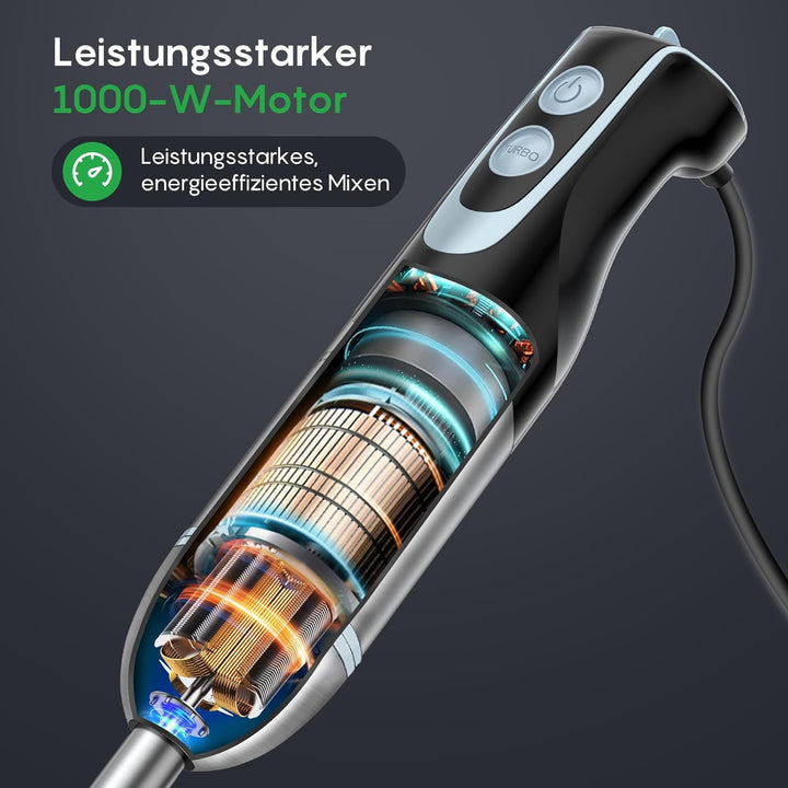 FRESKO Stabmixer, 1000W Edelstahl pürierstab mit 12 Geschwindigkeitsstufen, TURBO-Taste, 700ml Beche