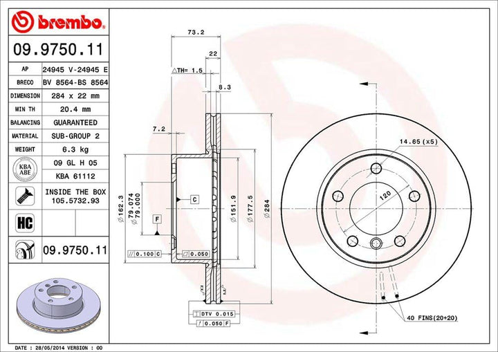 Brembo 09.9750.11 Vordere Bremsscheibe, Anzahl 2