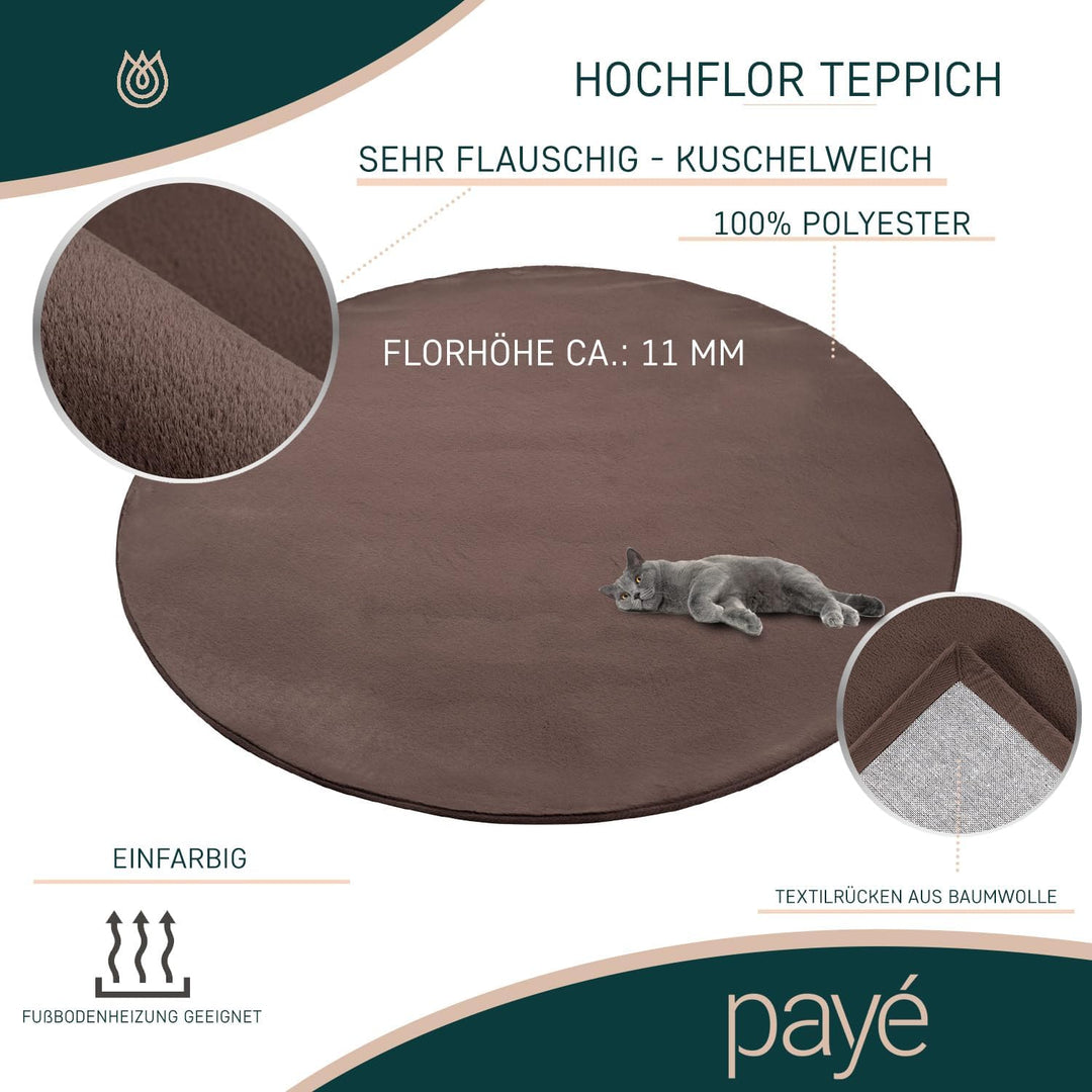 payé Teppich Wohnzimmer Hochflor Braun - 120x120cm - Rund Super Soft Kuschelweich Flauschig Modern E
