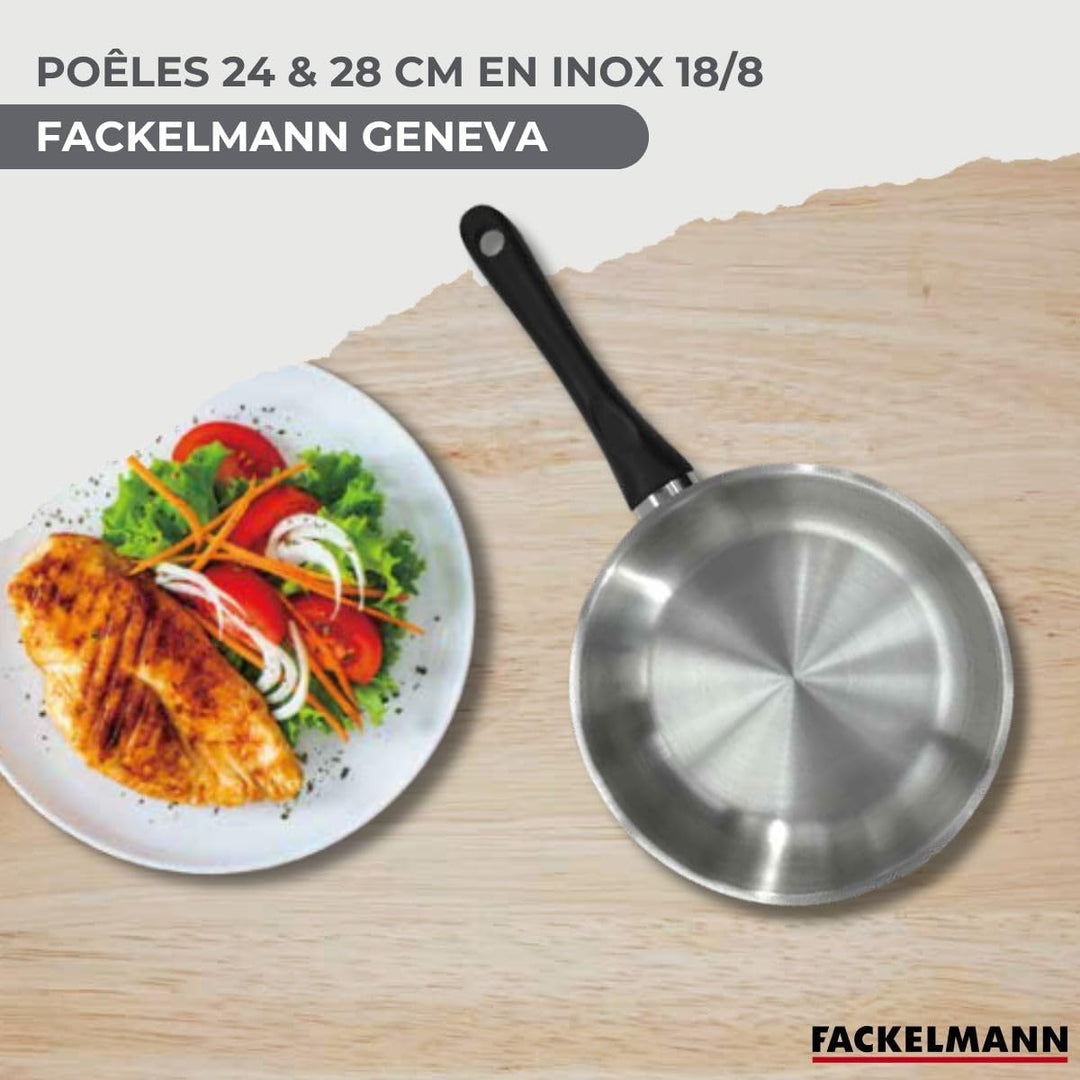 Fackelmann 9445850 Set mit 2 Pfannen 24 und 28 cm aus Edelstahl 18/8, 2 Glasdeckel und 6 Edelstahlut