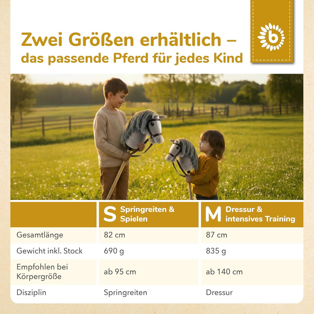 Bieco Hobby Horse Steckenpferd Grauer - Grösse M, mit Trense | Abnehmbarer Stock & Schweif, für Spri