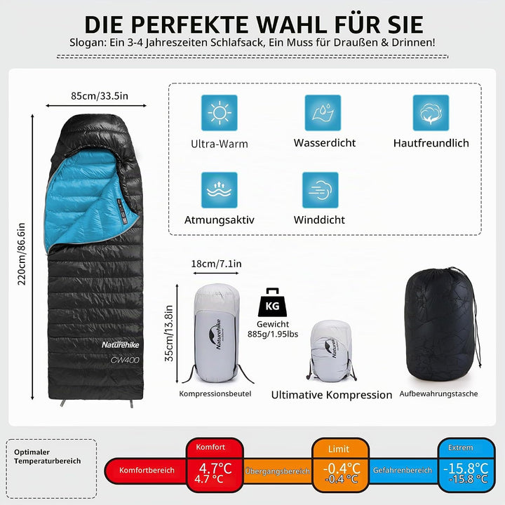 Naturehike CW400 ultraleichter Daunenschlafsack Mumien-Campingschlafsack für Erwachsene Füllkraft 65