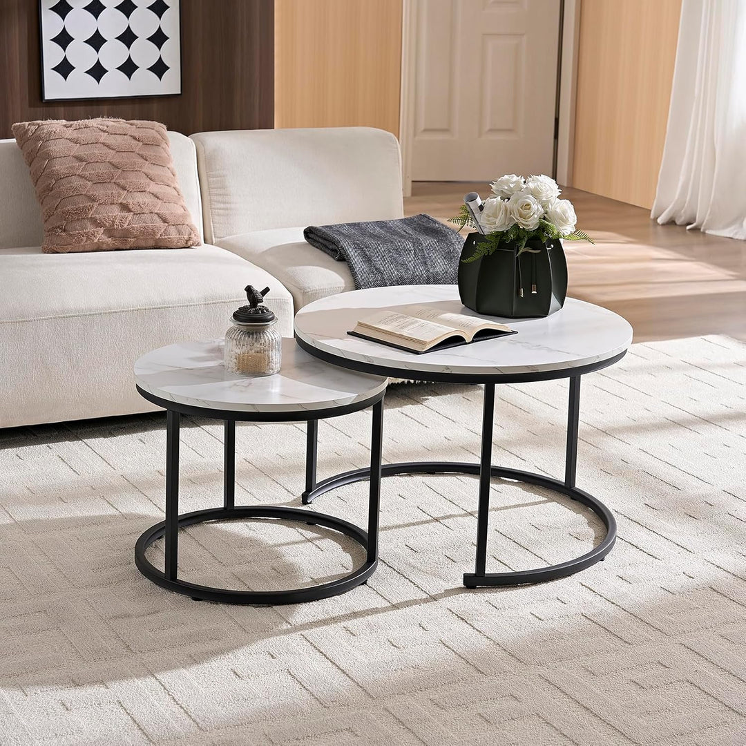 Home Heaven® Couchtisch rund Marmor 2er Set – Runder Couch Tisch in Weiss Marmor Optik mit Schwarze
