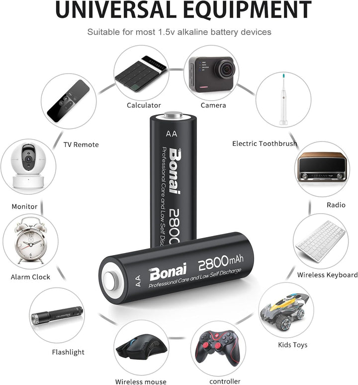 BONAI Akku AA 2800mAh Wiederaufladbare Batterien hohe Kapazität 1,2V Mignon AA Accu NI-MH Aufladbare