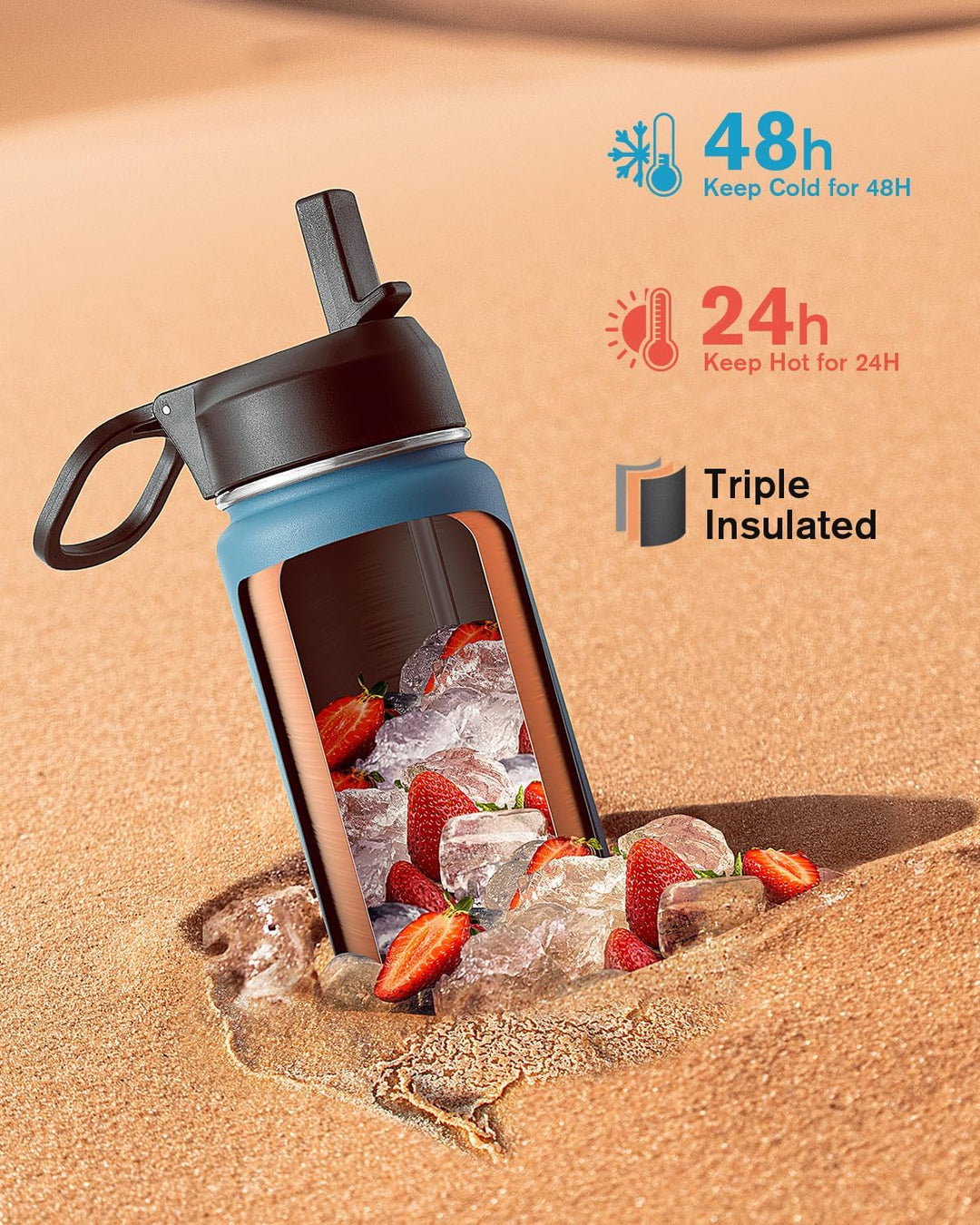 Coolflask Wasserflasche 20 oz isoliert mit Strohhalm, rostfreier Stahl Metall 3 Deckel Wasserflasche