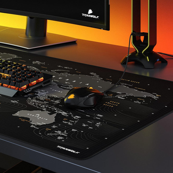 Titanwolf - Übergrösse Mauspad 1200x600mm Weltkarte XXXL Mousepad gross mit Motiv Tischunterlage Lar
