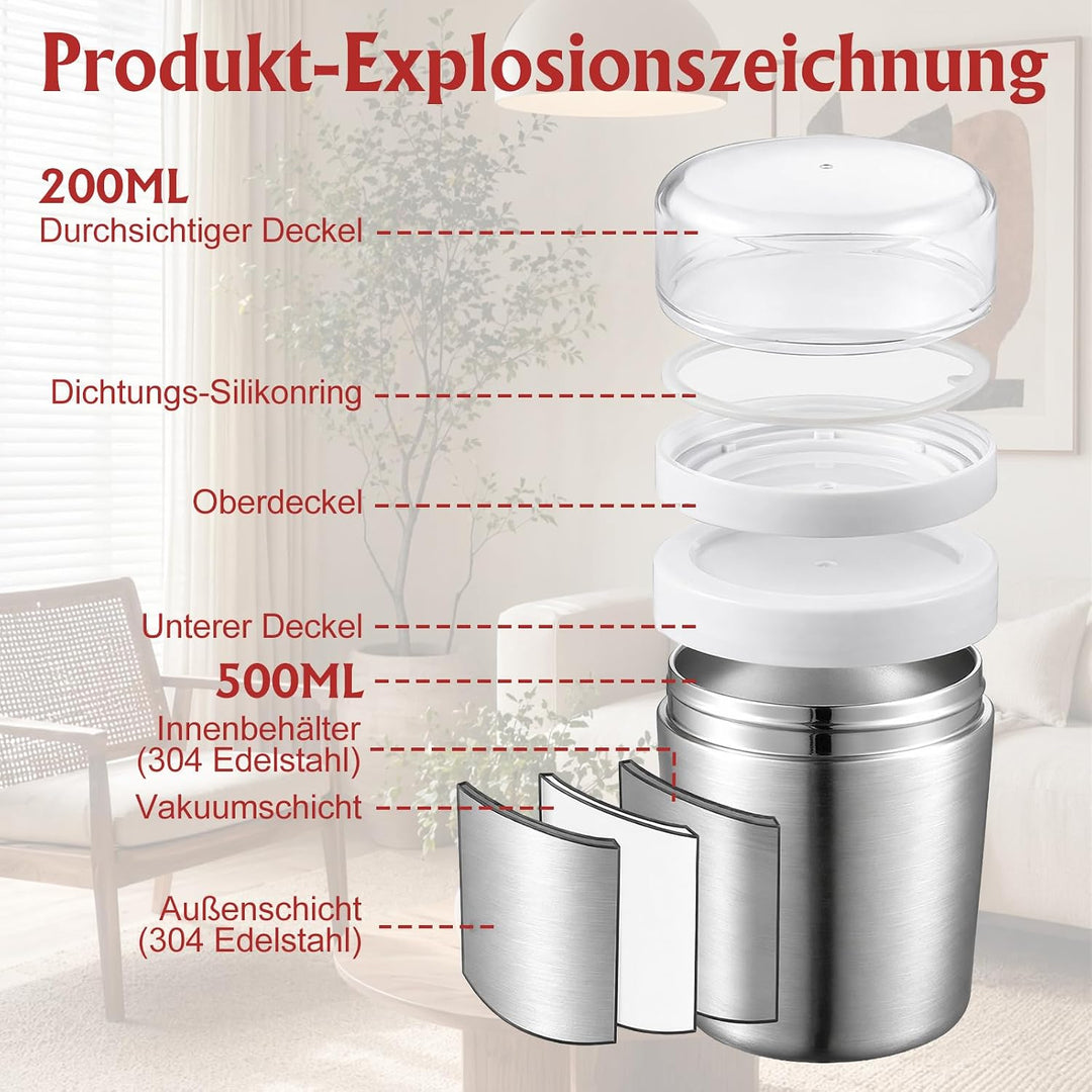 Edelstahl Müslibecher to Go mit Löffel, 500 ml + 220 ml Vakuumisolierter Joghurtbecher to Go Doppelt