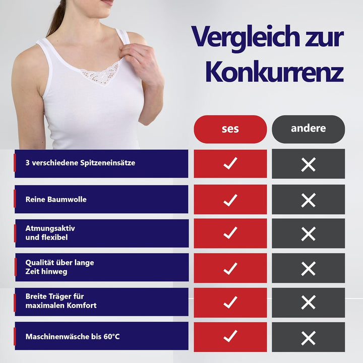 SES Top mit Spitze Damen 3er-Pack 34-52 aus 100% Baumwolle/Damen Unterhemden mit Spitze & weicher Fe