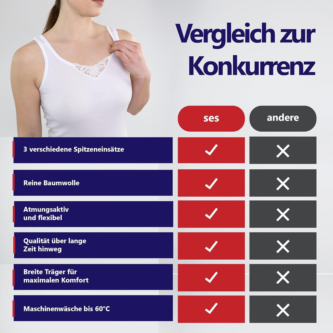 SES Top mit Spitze Damen 3er-Pack 34-52 aus 100% Baumwolle/Damen Unterhemden mit Spitze & weicher Fe